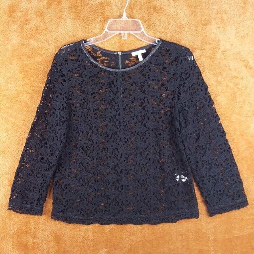 JOIE Womens Top Medium Black Crochet Lace Faux Leather Trim Zip Back Knit